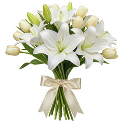 Obraz premium Bouquet of white lilies & tulips with cream ribbon tied around stems against dark background