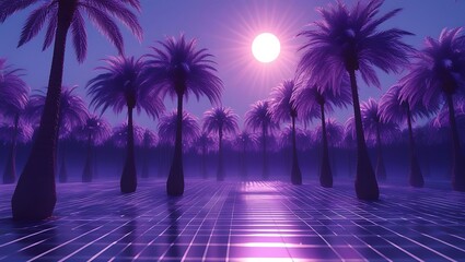 Fototapeta premium Purple Palm Trees at Sunset Retro Synthwave Paradise