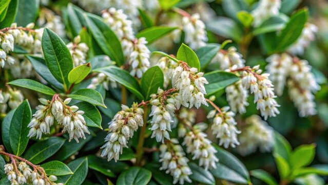 Close-up of Leucothoe, a low-growing evergreen shrub with white flowers and dark green leaves, evergreen, foliage