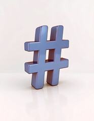 Obraz premium A glossy, metallic blue hashtag symbol stands prominently on a reflective off-white surface, casting a subtle shadow.