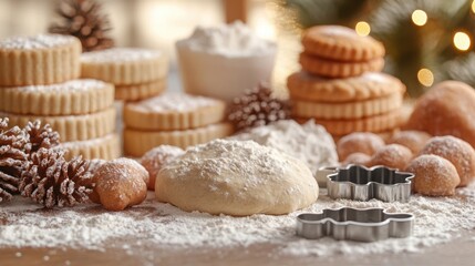 Fototapeta premium Cookie Baking Ingredients - Raw cookie dough, cookie cutters, and baking ingredients like flour and sugar arranged around freshly baked cookies on flour-dusted surface.