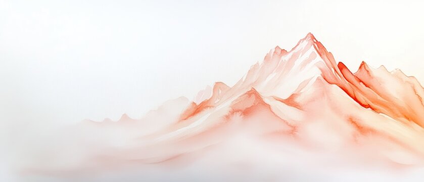Minimalist watercolor painting of orange mountains with soft mist and a white background.