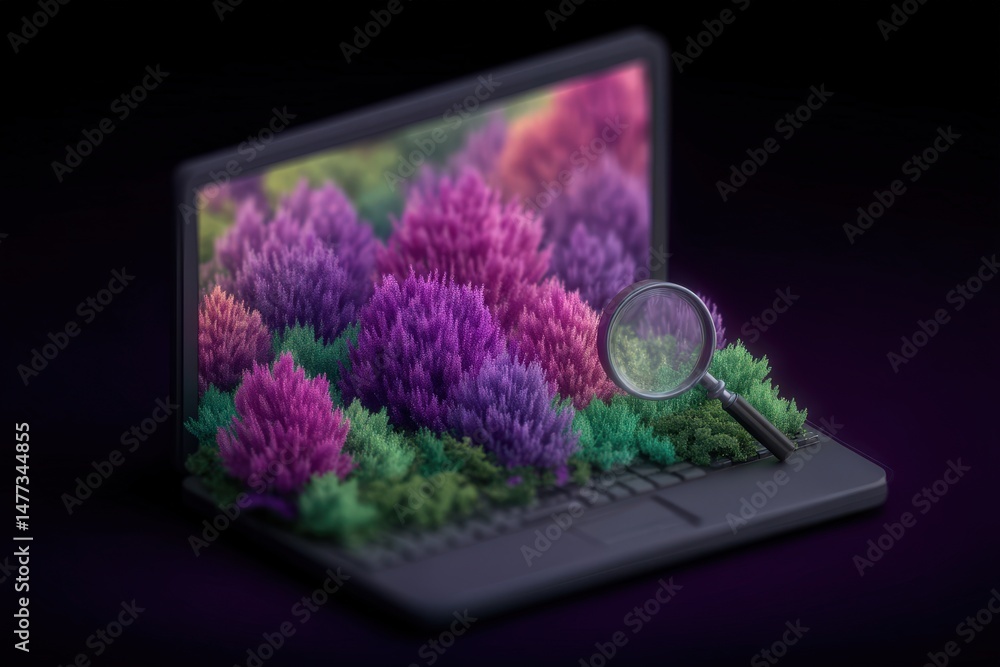 Aufkleber Images of vibrant computer screen displaying lush green and purple foliage resembling a colorful virtual garden with a magnifying glass emphasizing the intertwining of nature and technology