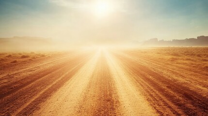 Dusty Road Under Bright Sunlight with Golden Hues and Soft Horizon, Evoking Sense of Adventure and Freedom in a Vast Desert Landscape