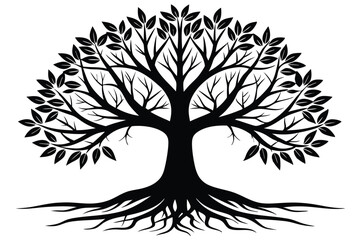 Silhouetted Black Tree Illustration Featuring Foliage, Branches, and Roots on Bright Background