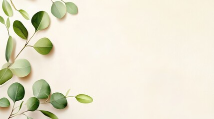 Obraz premium Delicate green leaves on a light beige background, creating a fresh, natural, and minimalist botanical aesthetic.