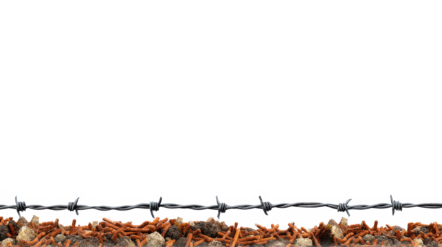 Barbed Wire Fence on Rusty Metal and Soil Background War Conflict Border Security Image