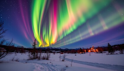 an aurora borealis display in the sky, with vibrant green hues dominating the scene