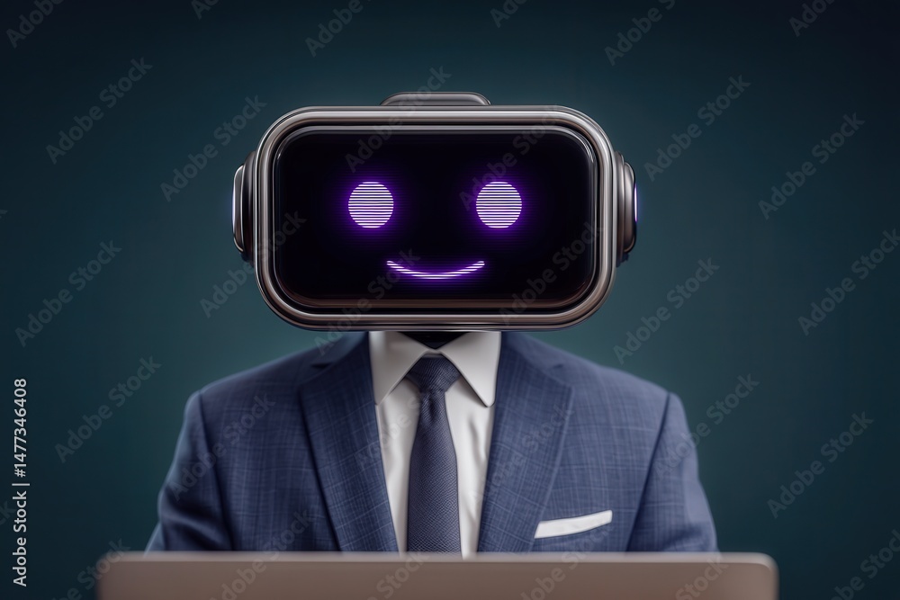 Poster ai technology blending seamlessly with human characteristics showcases a smiling robot in a tailored