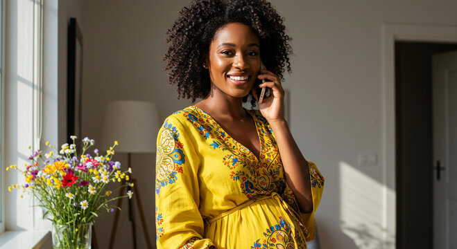 Radiant pregnant woman connecting via mobile phone near flower arrangement