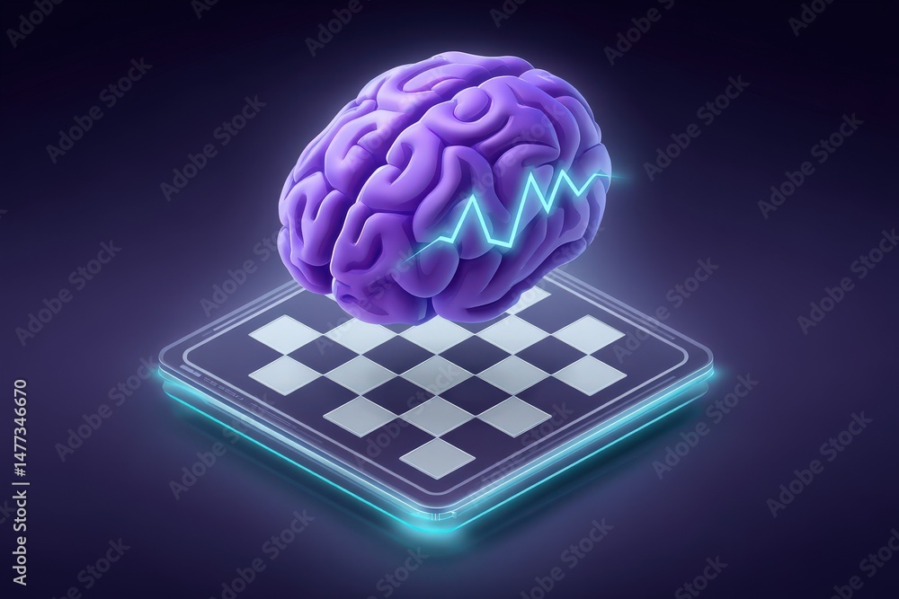 Aufkleber unleashing mental agility with a vivid purple brain floating above a transparent chessboard highligh