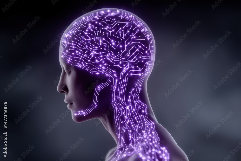 Poster digital model depicting a human head illuminated with intricate neural pathways showcasing advanced 