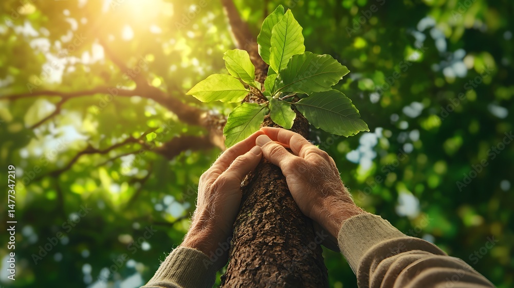 Poster photograph of a towering tree trunk being gently embraced by human hands symbolizing the importance 