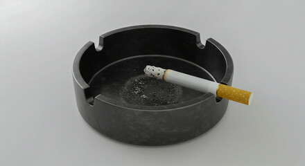 Ashtray holding a lit cigarette displaying a smoking habit on a clean white background in a studio setting.