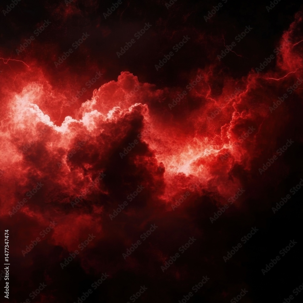 Poster dramatic red clouds abstract digital art with lightning strikes from below in a dark sky for backgro
