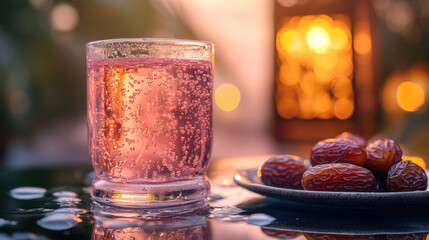Ramadan Food, Refreshing glass of sparkling rose water beside dates, evoking warm sunset ambiance