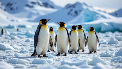 Fototapeta premium a group of penguins waddling across an icy landscape with melting ice patches.