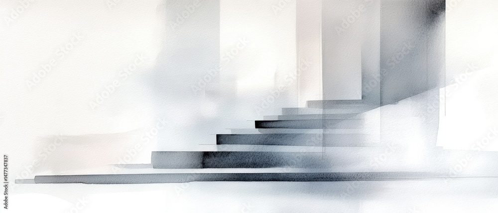 Aufkleber abstract grayscale staircase ascending through misty, modern architectural forms with soft light and