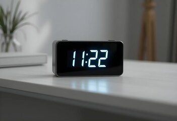 A sleek digital clock showing  11:22, placed on a minimalist white desk with a subtle plant in the background.