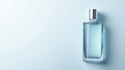 Minimalist image of a clear glass perfume bottle with a silver cap on a light blue background.