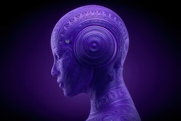 Obraz premium Intricate purple humanoid figure revealing detailed patterns and textures against a dark background showcasing the fusion of art and technology in a striking digital portrayal of modern identity