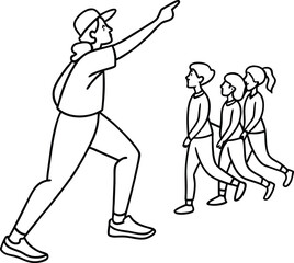 Group of people walking behind leader pointing towards a specific direction illustration