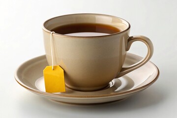 Obraz premium Cup of tea with a label on a saucer on a white background