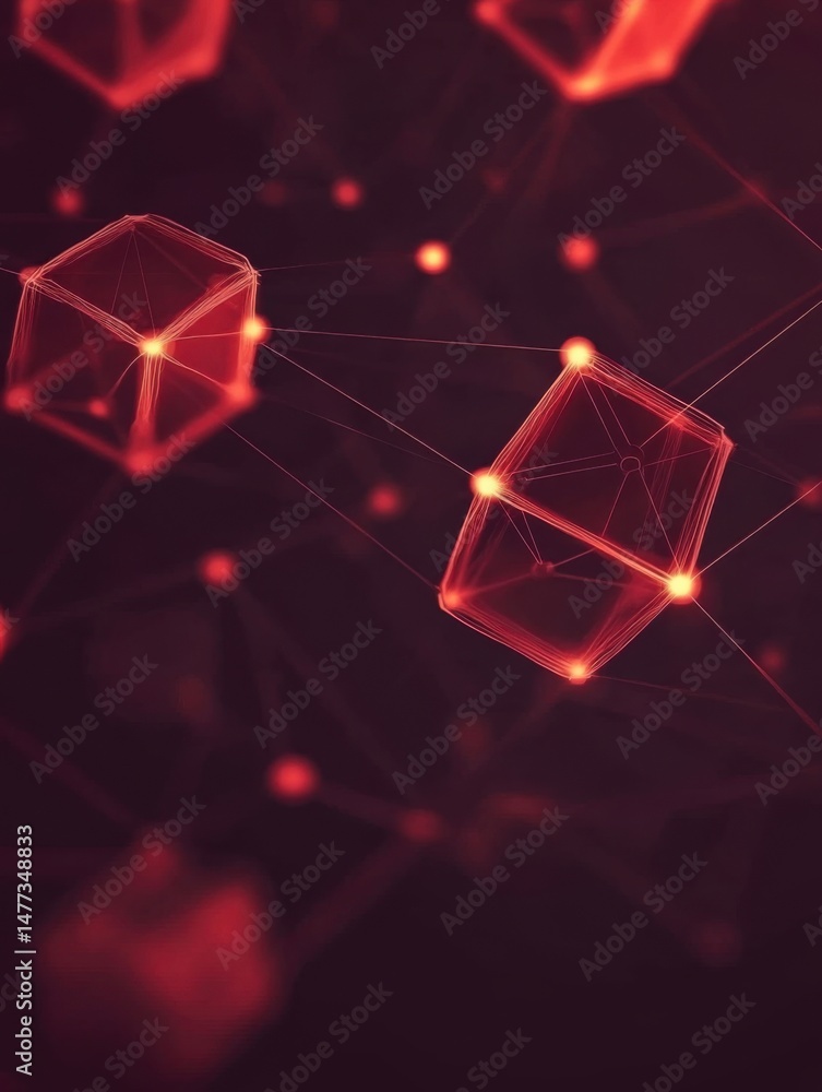 Aufkleber abstract network of glowing red cubes connected by lines in a dark space low angle shot for a modern