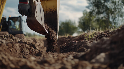 Excavator Bucket Digging into Soil at Construction Site