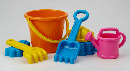 Colorful beach toys collection featuring bucket shovel rake watering can and sandcastle molds close up
