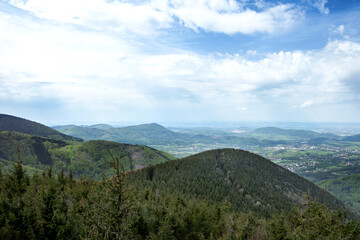 Fototapeta premium Travel set - Spring mountain landscape in Pustevny, Czech Republic