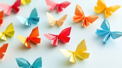 Colorful origami butterflies on light blue background