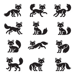Set of Fox Silhouettes Featuring Different Poses and Stances in Black and White for Wildlife Design