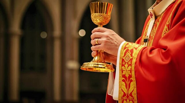 Clergy in red ornate vestment raises golden chalice during sacred rite.
