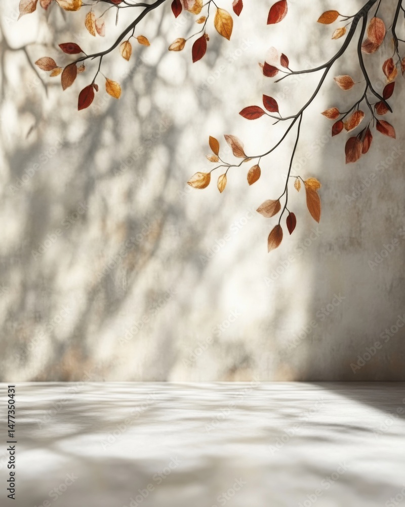 Poster autumn leaves casting shadows on a textured wall in a studio setting, creating a serene and natural 