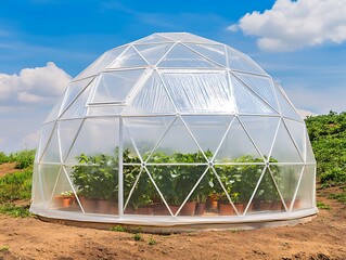 Fototapeta premium Modern geodesic greenhouse dome with plants growing inside under a bright summer sky Ideal for sustainable farming