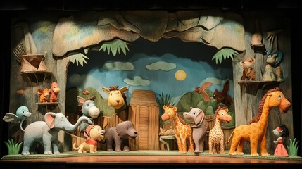 Colorful puppet stage scene with diverse animal characters and painted backdrop