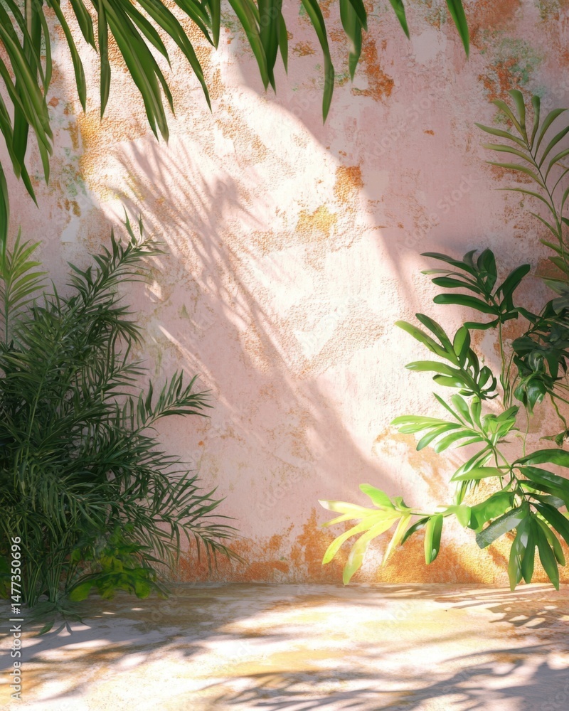 Aufkleber tropical backdrop with palm fronds casting shadows on textured wall in studio setting for product di