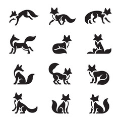 Set of Fox Silhouettes Featuring Different Poses and Stances in Black and White for Wildlife Design