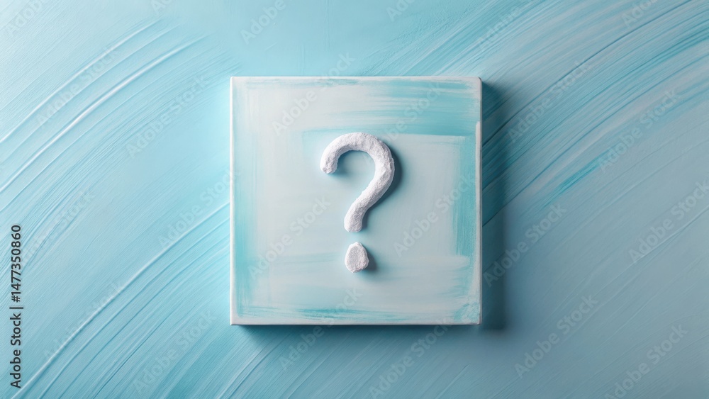 Poster a white question mark sculpted from plaster sits on a light blue painted canvas, representing the co