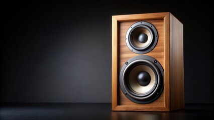 Audio speaker with wooden frame on black background, audio component, sound equipment