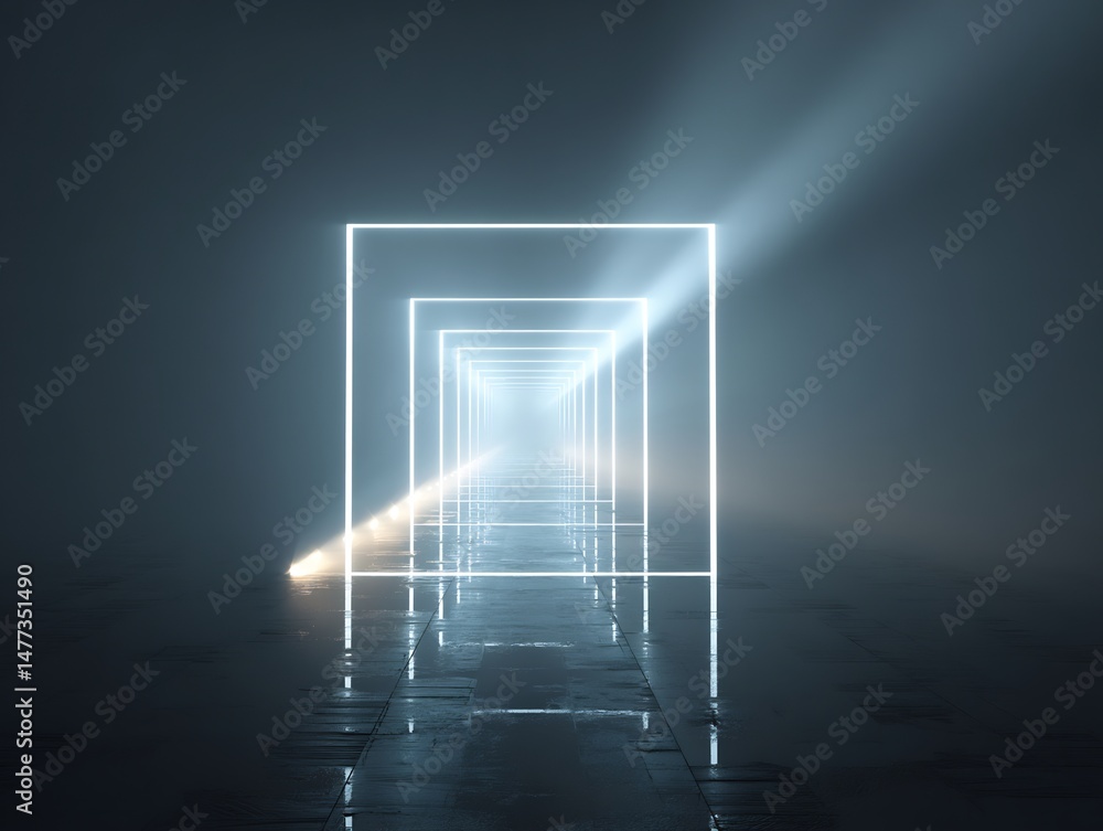 Poster luminous squares receding into misty distance, creating an abstract perspective