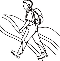 Line art illustration of a person wearing a backpack walking outdoors on a journey