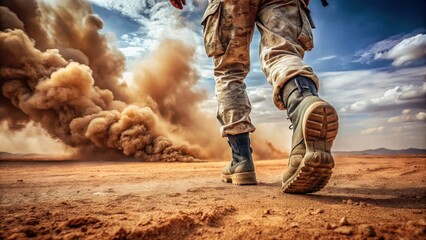Fototapeta premium A soldier's boots trudge through a vast expanse of dusty terrain, kicking up swirling clouds of red earth and sand as they lead the way in a dusty landscape, armed forces, military equipment