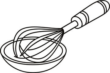 Simple black and white illustration of a whisk mixing contents in a bowl for cooking