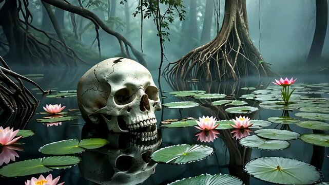 Human Skull Floating in Murky Swamp Among Lilies