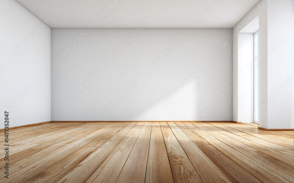 Poster spacious empty room with wide light wood planks and soft white walls, large window casting bright na