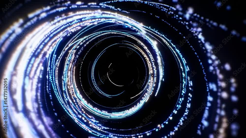 Poster luminous particles swirling, creating mesmerizing concentric vortex spinning against stark black cos