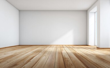 Spacious empty room with wide light wood planks and soft white walls, large window casting bright natural light, great for staging concepts and design mockups