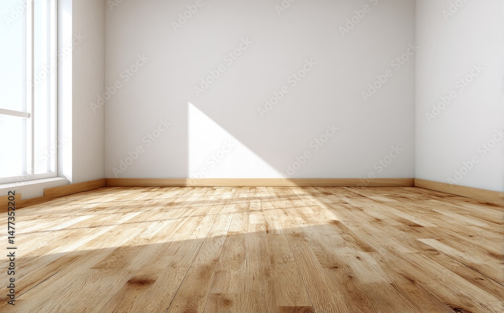 Poster sunlit empty room with bright wood flooring and smooth white walls, diagonal light pattern from tall